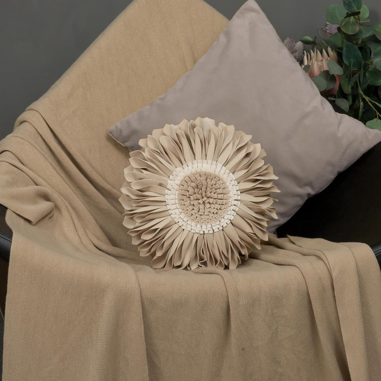 JWH Beige 3D Floral Velvet Decoative Throw Pillow Ultra Soft Velvet Decorative Pillow for Bed Couch Living Room 14inch Round Floral Accent Cushion
