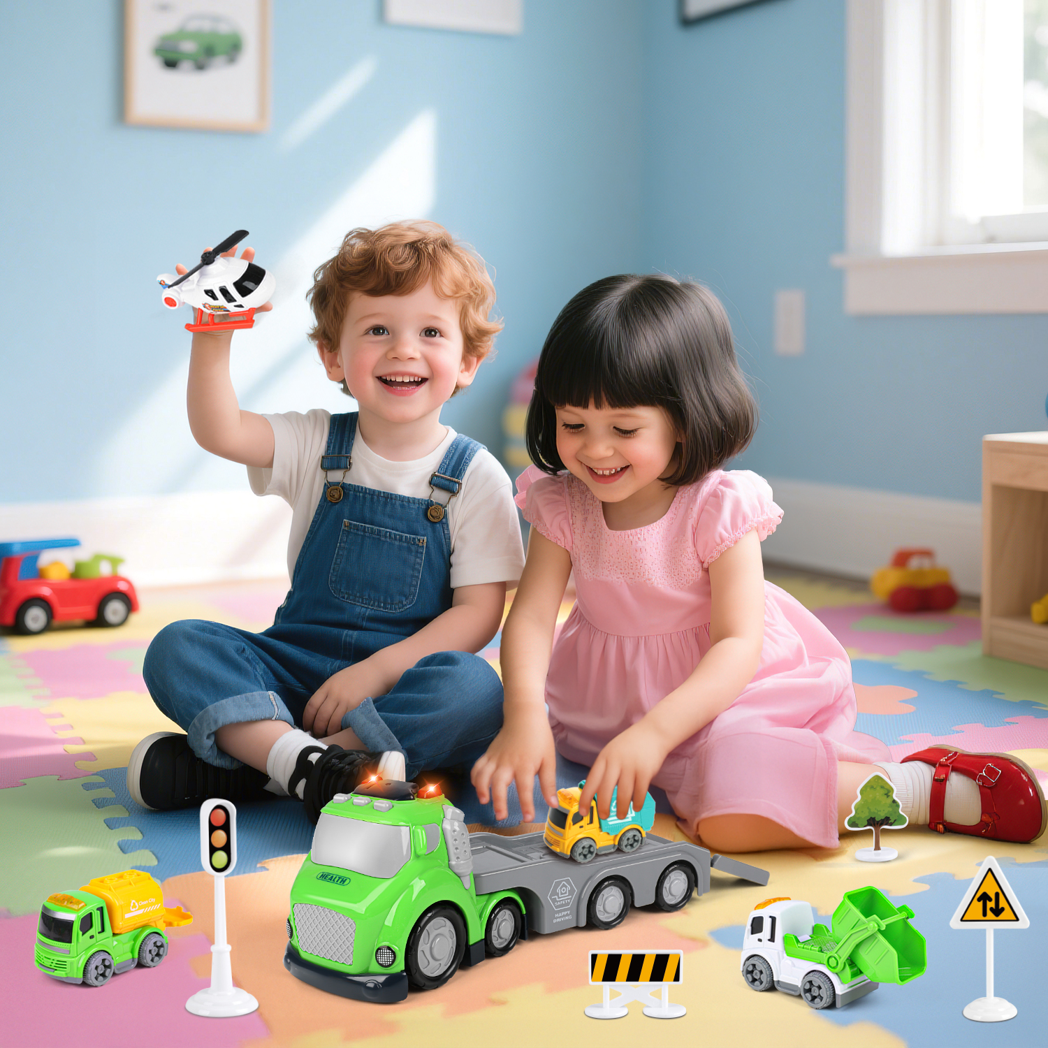 Hot Bee Garbage Recycling Carrier Truck Toy with Lights & Sounds, Sanitation Vehicle Toy for Boys Age 3+, Transport Trash Playset w/ Mini Cars Gift for Boys 3-5