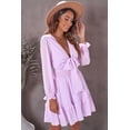 thumbnail image 4 of Women's Deep V Neck Lantern Sleeve Knotted Tiered Mini Dress, 4 of 19