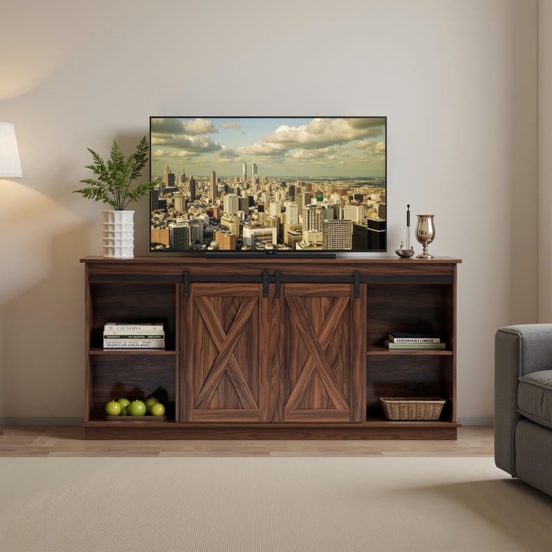 Kelno TV Stand for 65 Inch TV with Sliding Barn Doors Storage Shelves Farmhouse Entertainment Center Media Console Cabinet, Rustic Brown