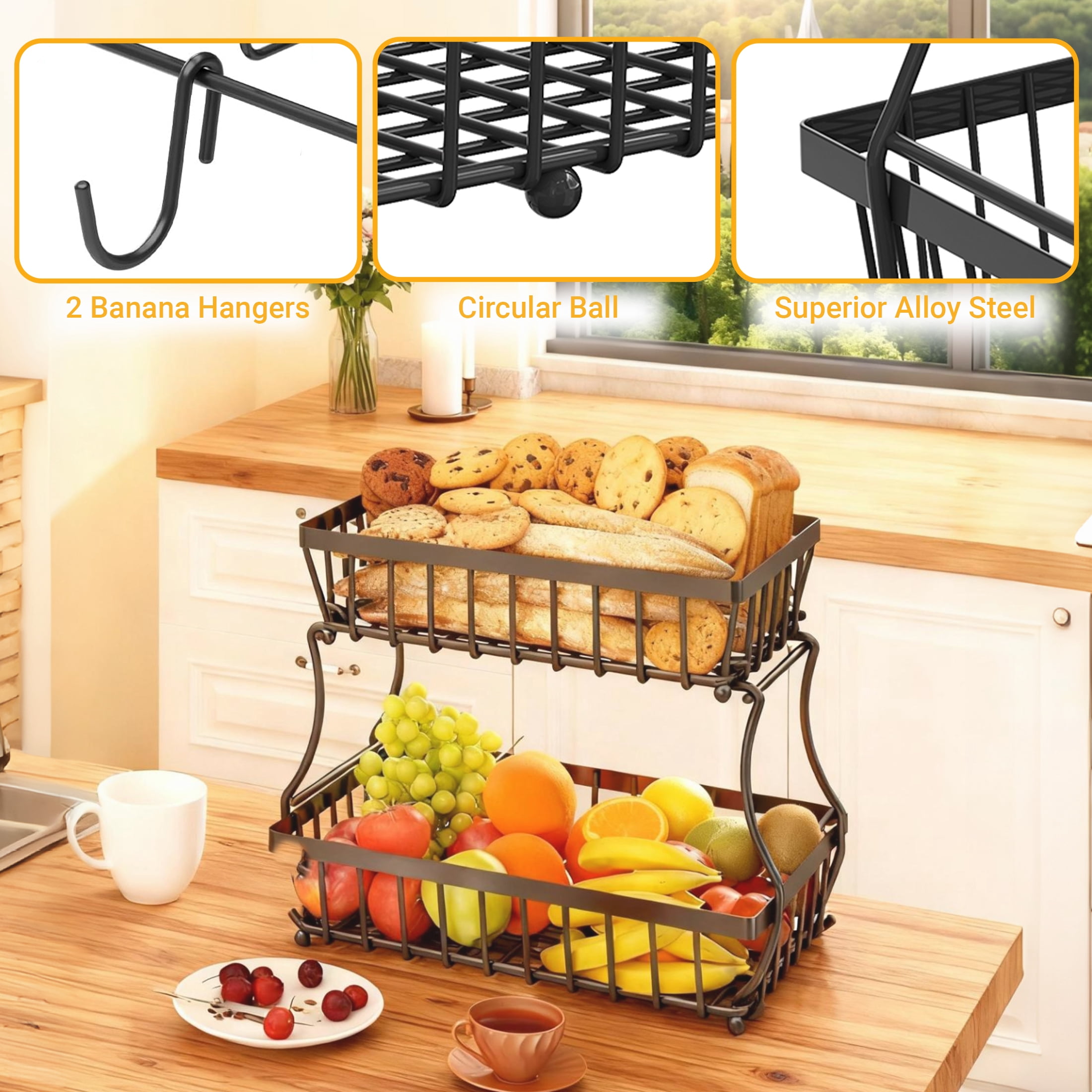 CISILOV 2 Tier Fruit Basket for Kitchen Counter, Detachable Metal Wire Fruit Vegetable Storage Basket, Countertop Produce Organizer with 2 Banana Hangers, Black