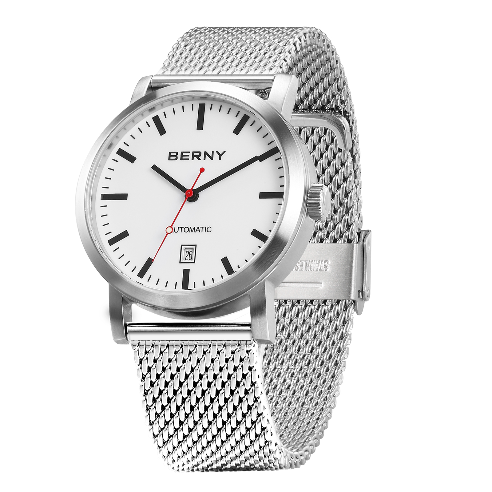BERNY Automatic Watch for Men, Classic Mechanical Wristwatch with Stainless Steel Mesh Band, Date Calendar, 5ATM Waterproof, Super Luminous, Red Seconds Hand (White)