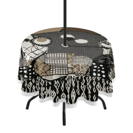 

60 Outdoor Round Tablecloth with Umbrella Hole & White Lace Trim Waterproof Patio Table Cover for Garden Kitchen Dining Black and White Patchwork Design