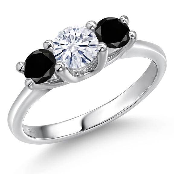 Gem Stone King 14K White Gold White Moissanite & Black Diamond 3-Stone Engagement Ring | 1.04 Cttw | Round 5MM and 4MM | Three Stone Wedding Anniversary Promise Ring for Women (Size 7)