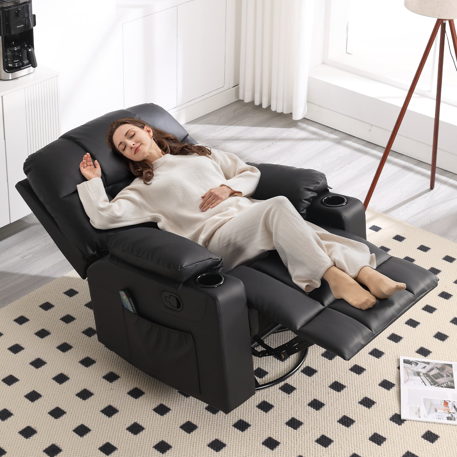 Bonzy Home Rocker Recliner Chair with Swivel Base, Massage & Heat, 2 Cup Holders – Comfortable Recliner for Living Room, Bedroom, Black