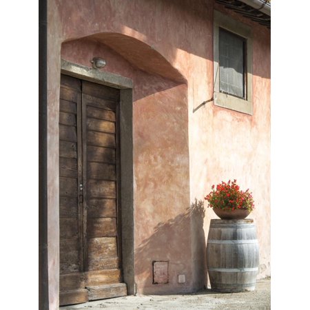 Europe, Italy, Tuscany. Flower Pot on Old Wine Barrel at Winery Print Wall Art By Julie
