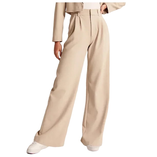 Pantalones de vestir de mujer de cintura alta y pierna ancha - Abotonados con bolsillos, corte informal entallado para el trabajo o la playa