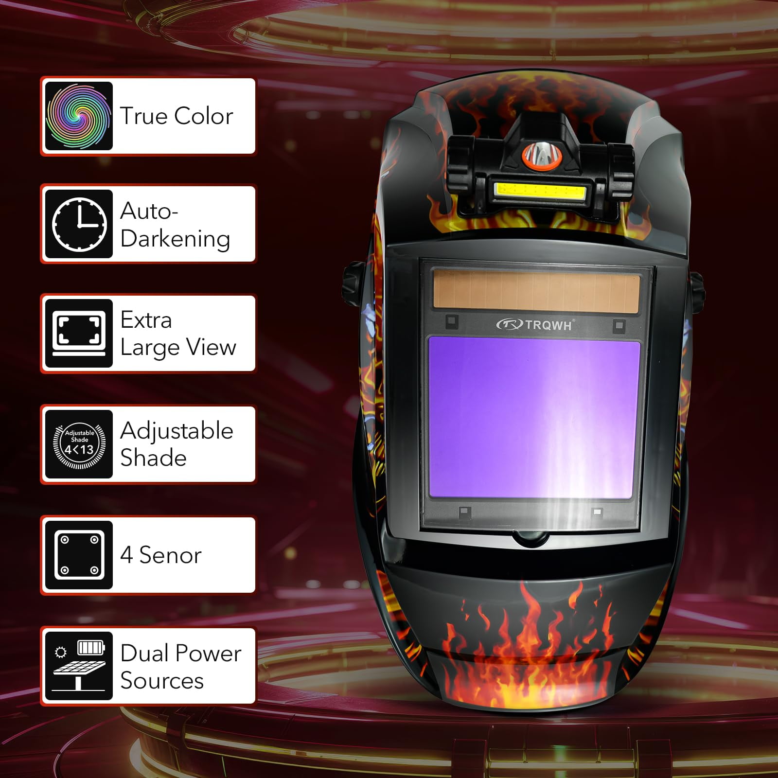 Welding Helmet Auto Darkening with LED Light Large View Solar Powered True Color Welding Hood 4 Arc Sensor Wide Shade 4/5-9/9-13 Welding Mask for TIG MIG Arc Weld Grinding