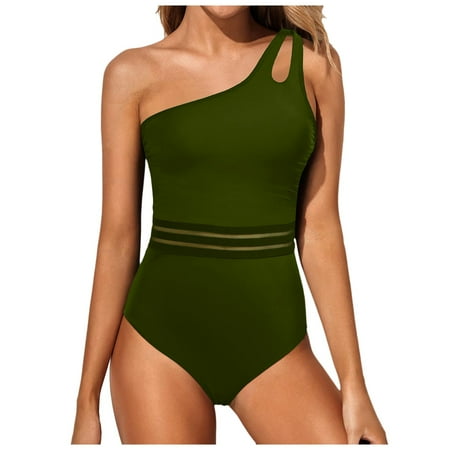 Aayomet Women One Piece Swimsuits Tummy Control One Shoulder Bathing Suits Cutout Asymmetrical Padded Swimwear (AG  L)