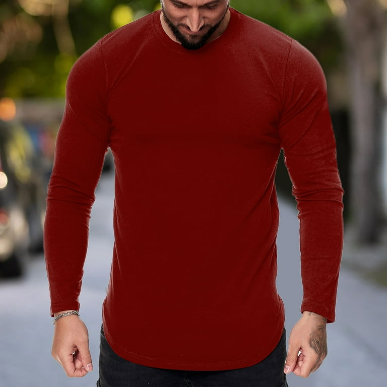 Red Summer Long Sleeve Crewneck Gym Spandex T Shirts Mens Fashion Casual Sports Fitness Outdoor Curved Hem Solid Color Round Neck Shirt Top