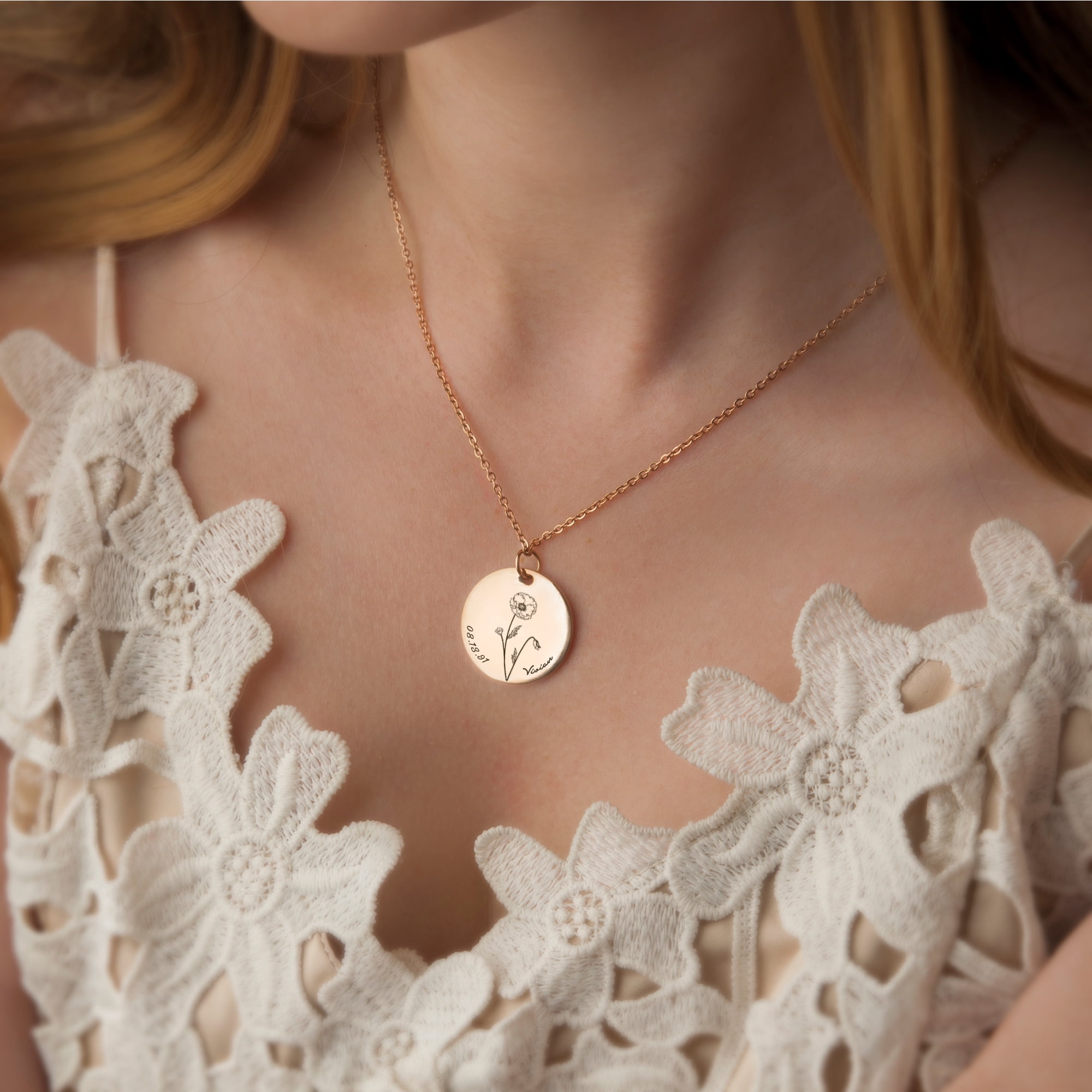 Anavia Personalized Womens Birth Flower Round Stainless Steel Charm Necklace Gift for Her