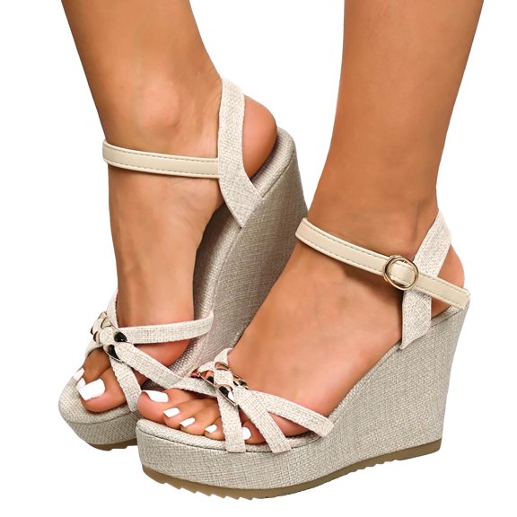 Rokment Platform Wedge Dressy Sandals for Women Ladies 2026 Fashion Casual Metallic Buckles Ankle Strap Height Increasing Chunky Heeled Dress Beach Summer Shoes Bride Wedding Boho Beige Size 6.5