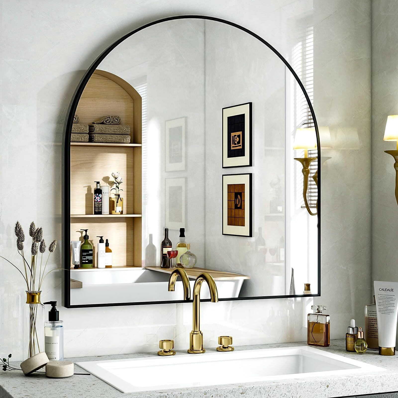 SHATTERVUE 34"x32.1" Arched Wall Mirror Wall-mounted Bathroom Mirror with Modern Aluminum Frame,Black