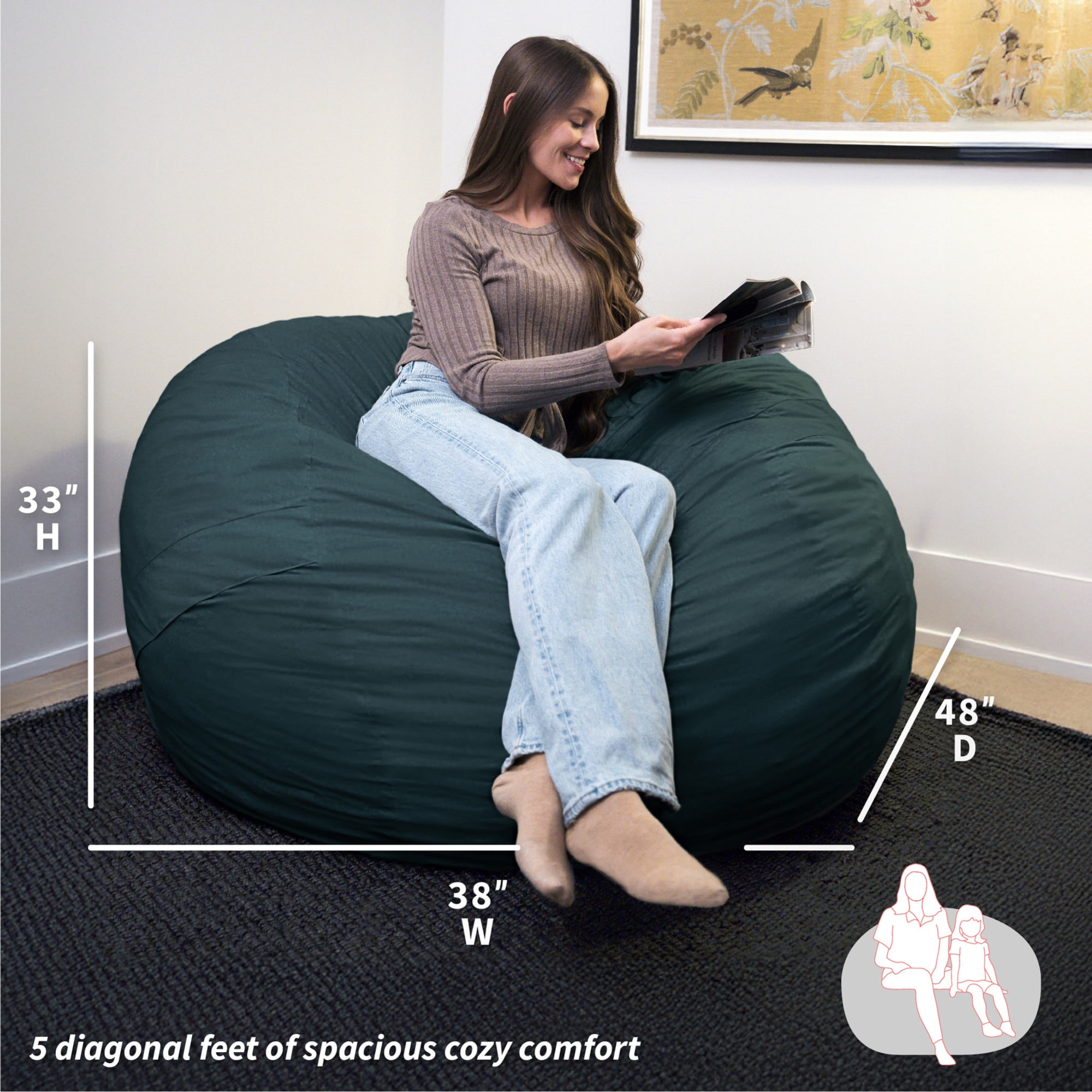 Big Joe Fuf 5Ft Oversized Foam Bean Bag Chair for Kids, Teens, Adults, Deep Sea Velveteen, Durable Woven Polyester, 5 foot Large Reading and Gaming Seat