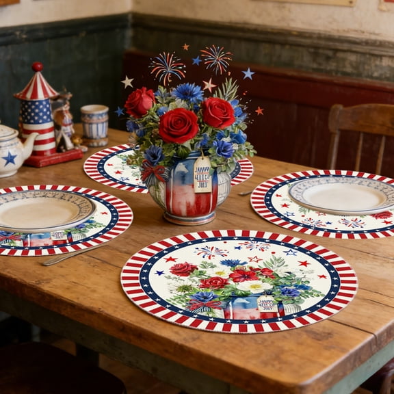 Set of 4 Round Patriotic Placemats 14 Inch, Red White Blue Table Mats, Independence Day Heat Resistant Place Mats, 4th of July Dining Decor, Memorial Day Veterans Day