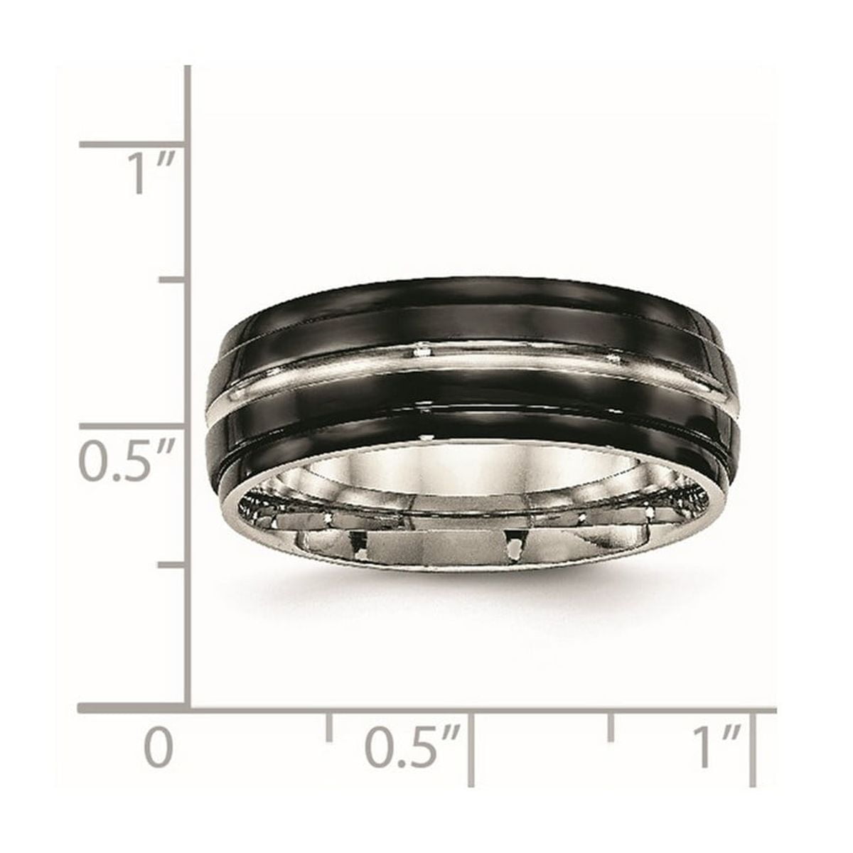 8mm Stainless Steel Polished Black Ip Ridged Edged Ring Size 8.5 Ring for Women