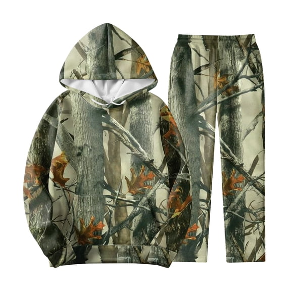 Nokdvo Mens Camo Sweatsuits 2 Piece Set Maple Leaf Camouflage Sweatsuit with Kangaroo Pockets Long Sleeve Outfits Oversized Fashion Jogging Lounge Hoodies and Joggers Pants,Dark Green XL