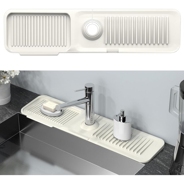 czcpp-Toovem Kitchen Faucet Mat, Sink Splash Guard Behind Faucet 24 x 5.5 Inch, Faucet Handle Drip Catcher Tray, Longer Silicone Sink Faucet Mat, Dish Soap Sponge Holder for Bathroom, Farmhouse & Rv,