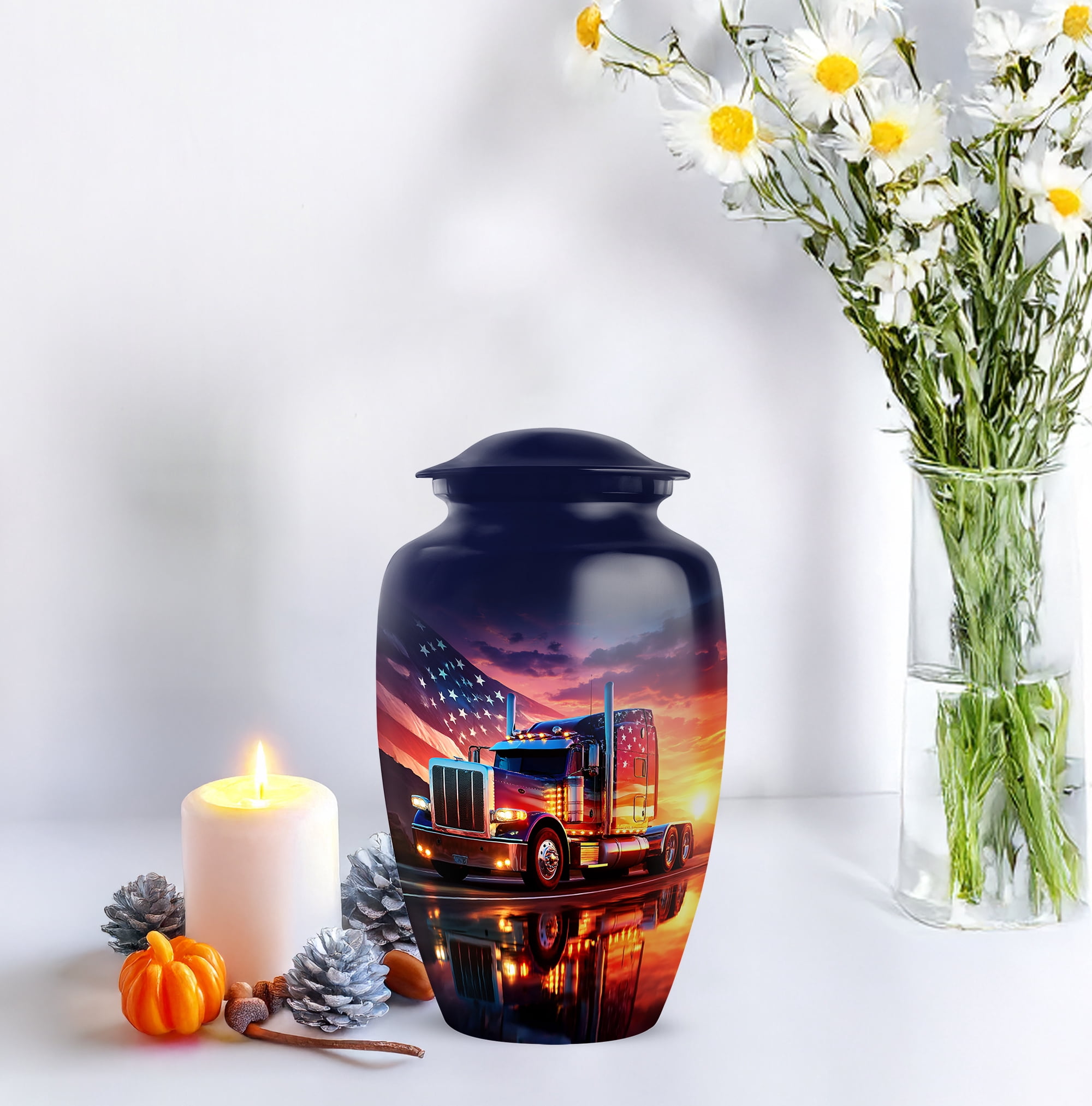 American Flag Sunset Truck Urns, Keepsake Mini Urn For Ashes Adult Male , Cremation Urn For Human Ashes, Funeral Memorial Urn For Ash (Size 10 Inch 1 Pcs & Size 3 Inch, 2 Pcs)