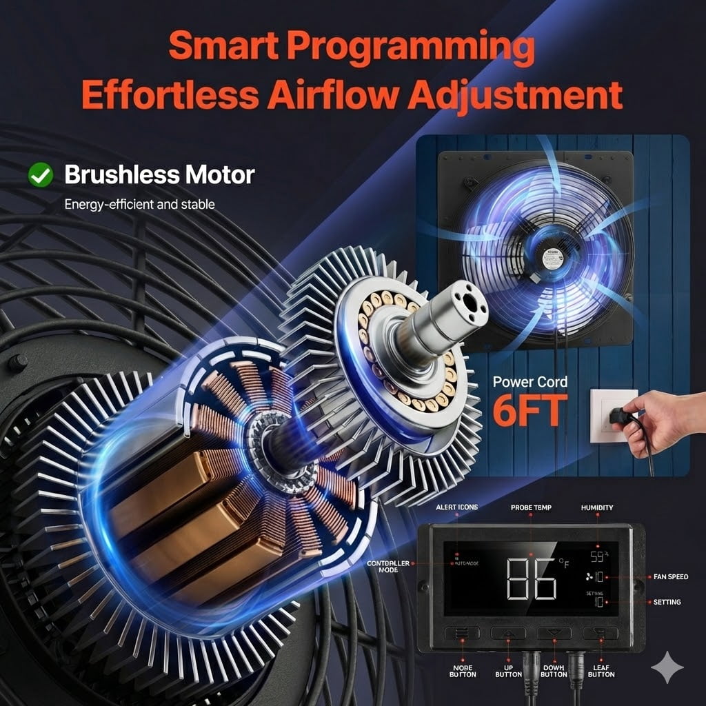 10 inch Shutter Exhaust Fan, Wall Mounted Attic Vent Fan with Smart Programming Variable Speed Temperature Control, 1000 CFM,EC Motor,Timer, for Shed,Garage,Greenhouse Ventilation Cooling,Black
