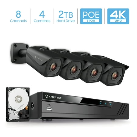 Amcrest 8CH 4K Security Camera System w/H.265 4K (8MP) NVR, (4) x 4K (8-Megapixel) IP67 Weatherproof Metal Bullet POE IP Cameras (3840x2160), Pre-Installed 2TB Hard Drive