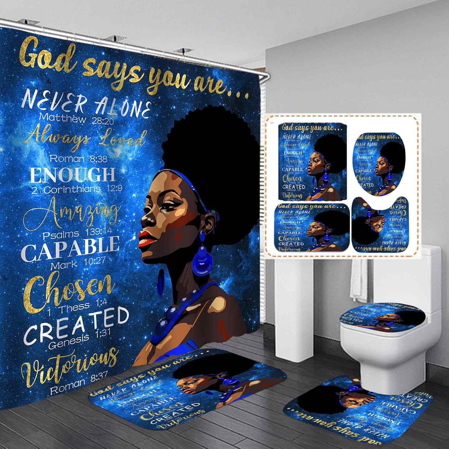 4PCS Black Girl Magic Shower Curtain Set, Cute Princess African American Girl Pink Bathroom Decor for Girls Kids Teens, Inspirational Gifts for Women, Non-Slip Bath Mats Toilet Rugs