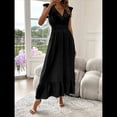 thumbnail image 4 of Vestido de Verano para Mujer, Elegante, con Escote en V, Volantes, Mangas Sueltas, Cintura Plisada, para Invitada de Boda. Negro XL, 4 of 7