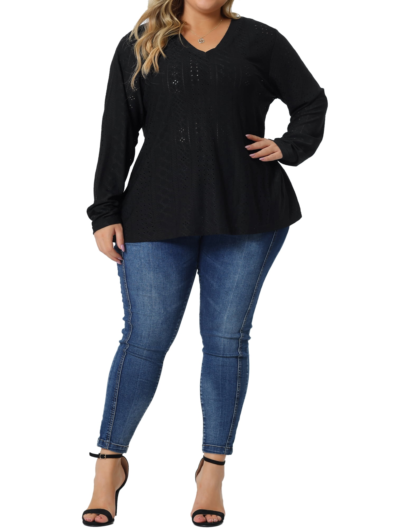Unique Bargains Women's Plus Size V Neck Long Sleeve Hollow Blouse Tunic Tops 4X Black