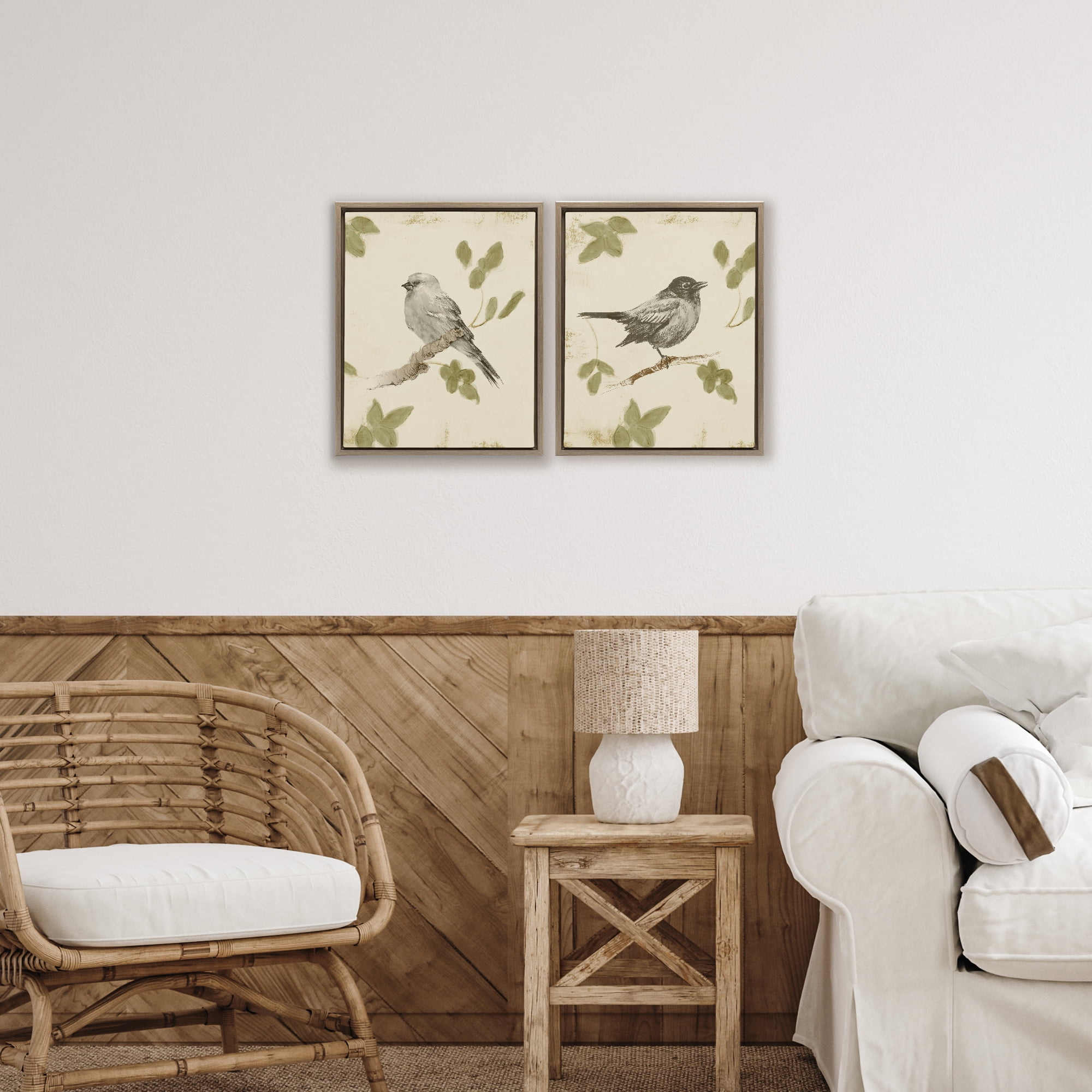 Stupell Industries Neutral Bird Scene 2 Piece Brown Framed Floater Canvas Set, design by Lanie Loreth