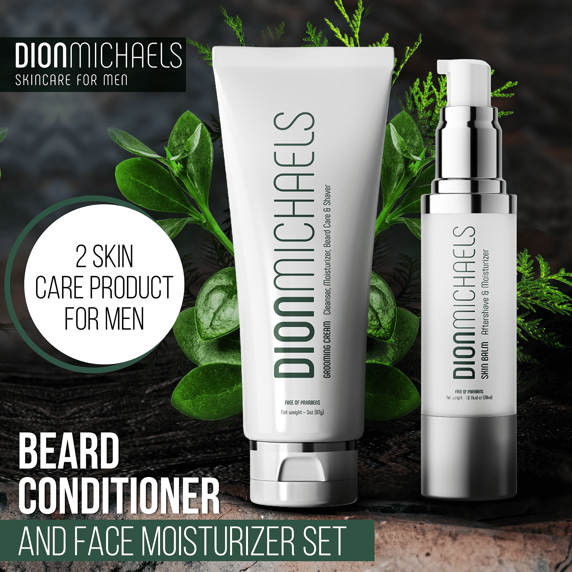 Beard Conditioner and Face Moisturizer Set – (grooming cream face cleanser and skin balm aftershave lotion)  - Dion Michaels - Men Skin Care - 118ml/4oz
