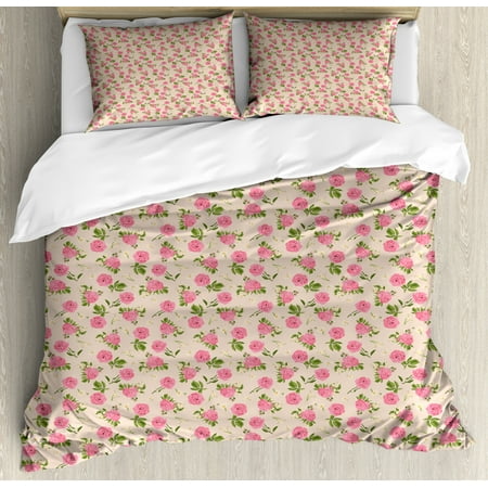 English Rose Bedding Floral Duvet Cover Set Queen Size, Vintage Spring Flowers Themed English Garden with Roses and Daisies on Beige, 3 Piece Bedding Set with 2 Pillow Shams, Multicolor, by Ambesonne ()
