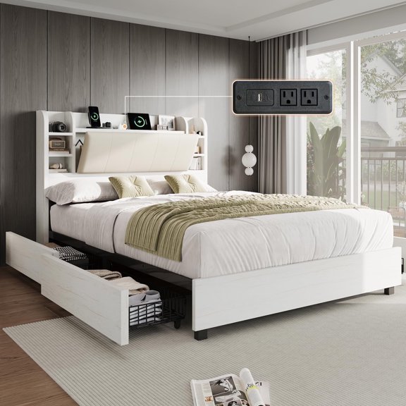 PLAUIN Full Size Bed Frame with Storage Drawers, 47.2" Headboard and Wooden Platform, White