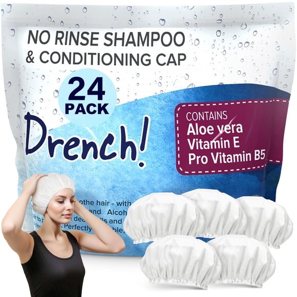 Drench - Gorros de champú sin enjuague con agua - Champú y acondicionador sin agua - Gorros de lavado de cabello seco para ancianos o postrados en cama - Contiene aloe vera vitamina E y provitamina B5