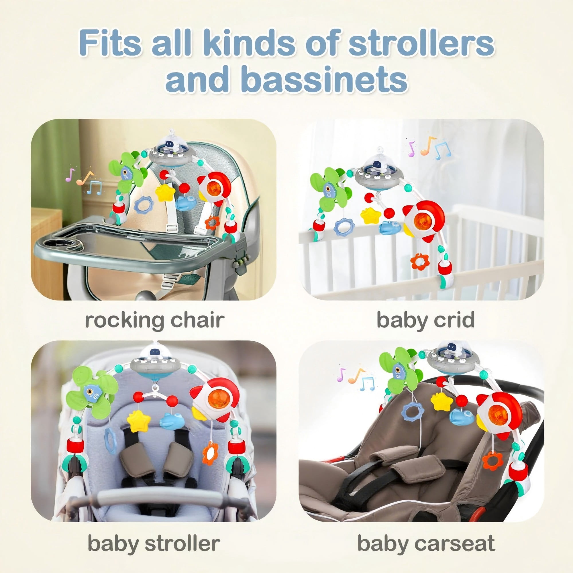 Ajdoll Musical Stroller Crib Mobile Arch Toy with Rotating Figures and Soft Light, Travel Activity Toy
