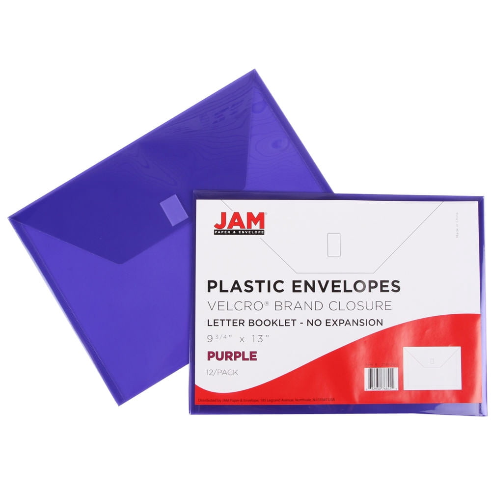 JAM Paper Plastic Envelopes with Hook & Loop Closure, Letter Booklet, 9 3/4 x 13, Purple, 3/Pack