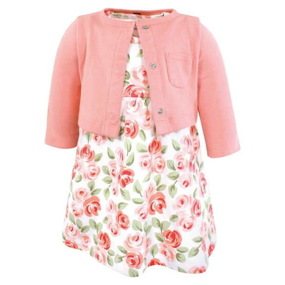 Hudson Baby Infant and Toddler Girls Cotton Dress and Cardigan Set, Coral Floral, 0-3 Months