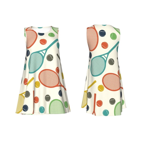 Horeoi Racket and Tennis Ball Print Women's Sleeveless Dress Cotton-like Flared Hem Deep Side Pockets Above-Knee
