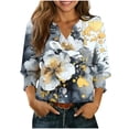 thumbnail image 3 of yoeyez Boho Buttons Down Shirts for Women Summer Floral Hawaiian Shirts With Smocked Cuffs Henley V Neck Relaxed Comfy Office Work Blouses Khaki,S, 3 of 6