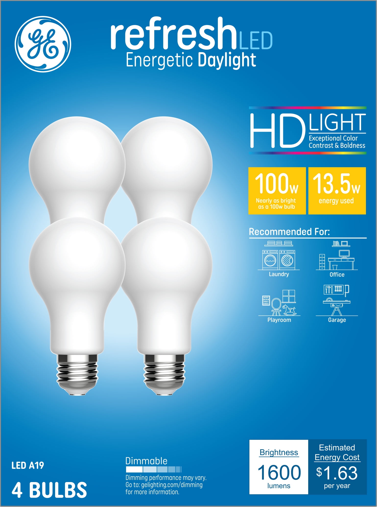 GE LED Bulb Light Daylight 60 Watt Dimmable Refresh HD A19 2 Packs, 8 Bulbs 
