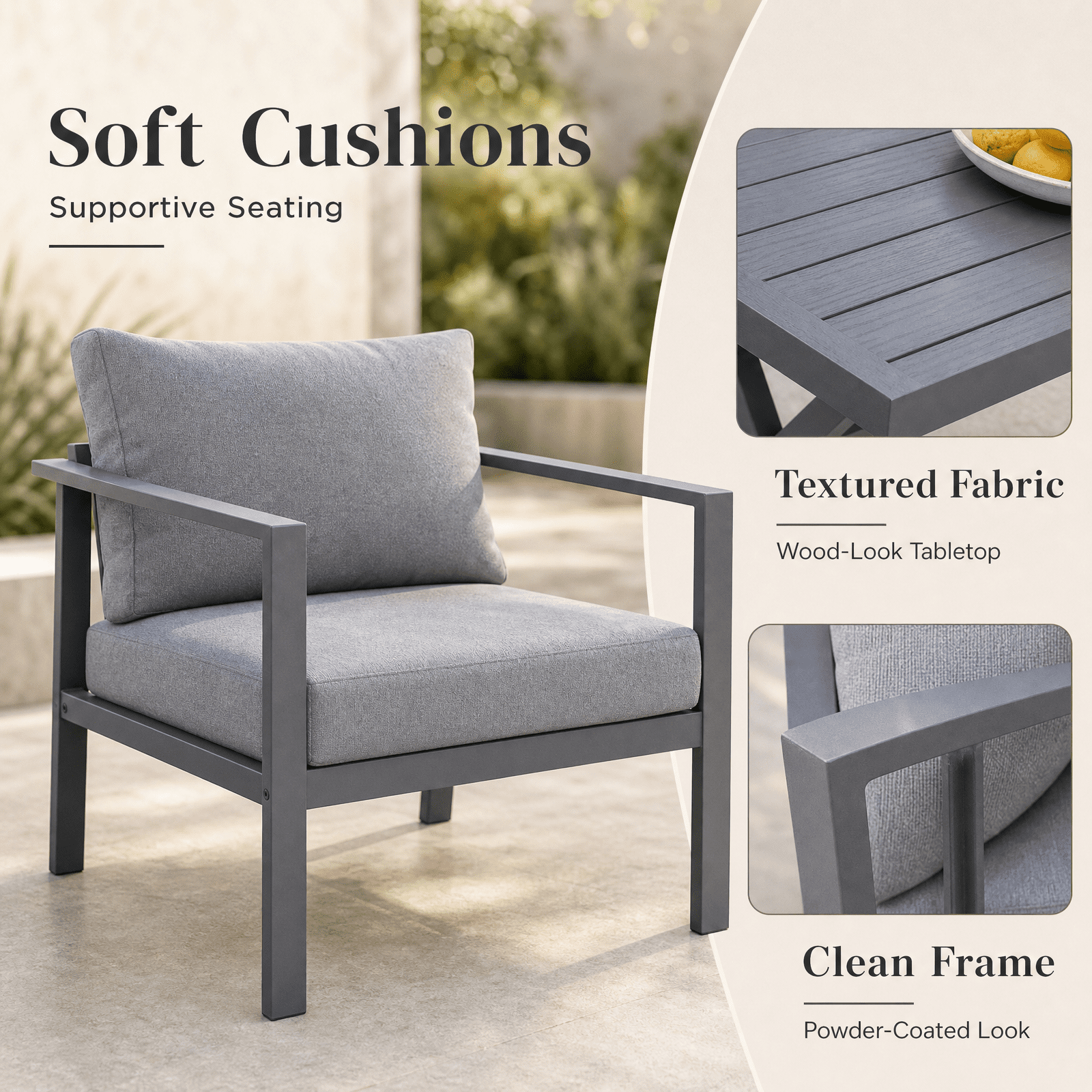 Aluminum Patio Furniture Set with Slim Armrests,5 Seat Modern Outdoor Conversation Set with Cushions and Coffee Table,Metal Patio Sofa Set Gray
