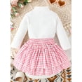 thumbnail image 3 of Toddler Girls Fall 2Pcs Outfit Long Sleeve High Neck Tops + Houndstooth Pattern Ruffled A-Line Skirt, 3 of 8