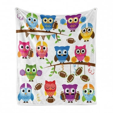 Owls Soft Flannel Fleece Throw Blanket, Sporty Owls Cheerleader League Team Coach Football Themed Animals Cartoon Art Style, Cozy Plush for Indoor and Outdoor Use, 50" x 70", Multicolor, by Ambesonne