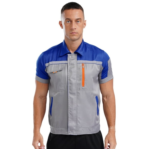 Manyakai Chemise de Travail pour Homme Mécanicien Automobile Uniforme Respirant à Manches Courtes Uniforme Industriel Bleu&Gris 185/3TG