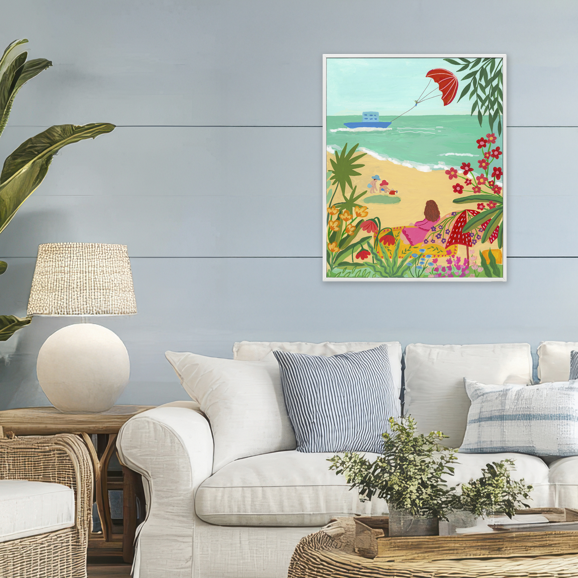 Beach And Flowers View White Framed Giclee Art, design by Nabeela Rumi