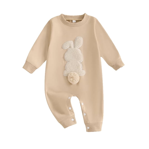 Mercatoo Easter Baby Boy Girl Outfit Embroidery Bunny 𝐑ompers Bunny Tail Jumpsuit Unisex Newborn Infant Easter Clothes Soft Bodysuits