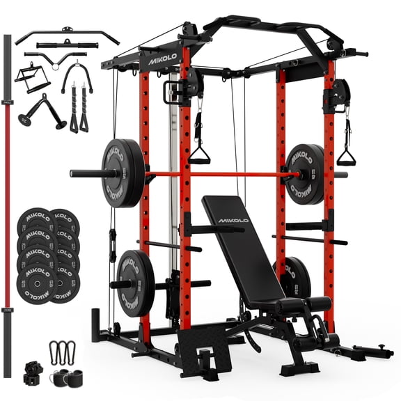 Mikolo Power Rack Cage, 1500LBS Weight Cage with 800LB Capacity Adjustable Weight Bench, 1500LB Capacity Barbell and 230LB Weight Plate set Red