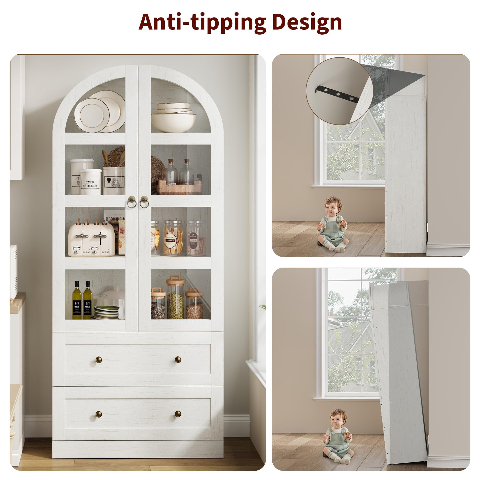COZONY 72" Tall Arched Kitchen Pantry Cabinet, Farmhouse Wooden Storage with 2 Drawers & Wood Doors, Freestanding Buffet for Dining & Living Room,Antique White