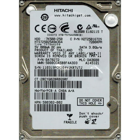 Hitachi HTS725025A9A364 P/N: 0A78272 MLC: DA3688 250GB