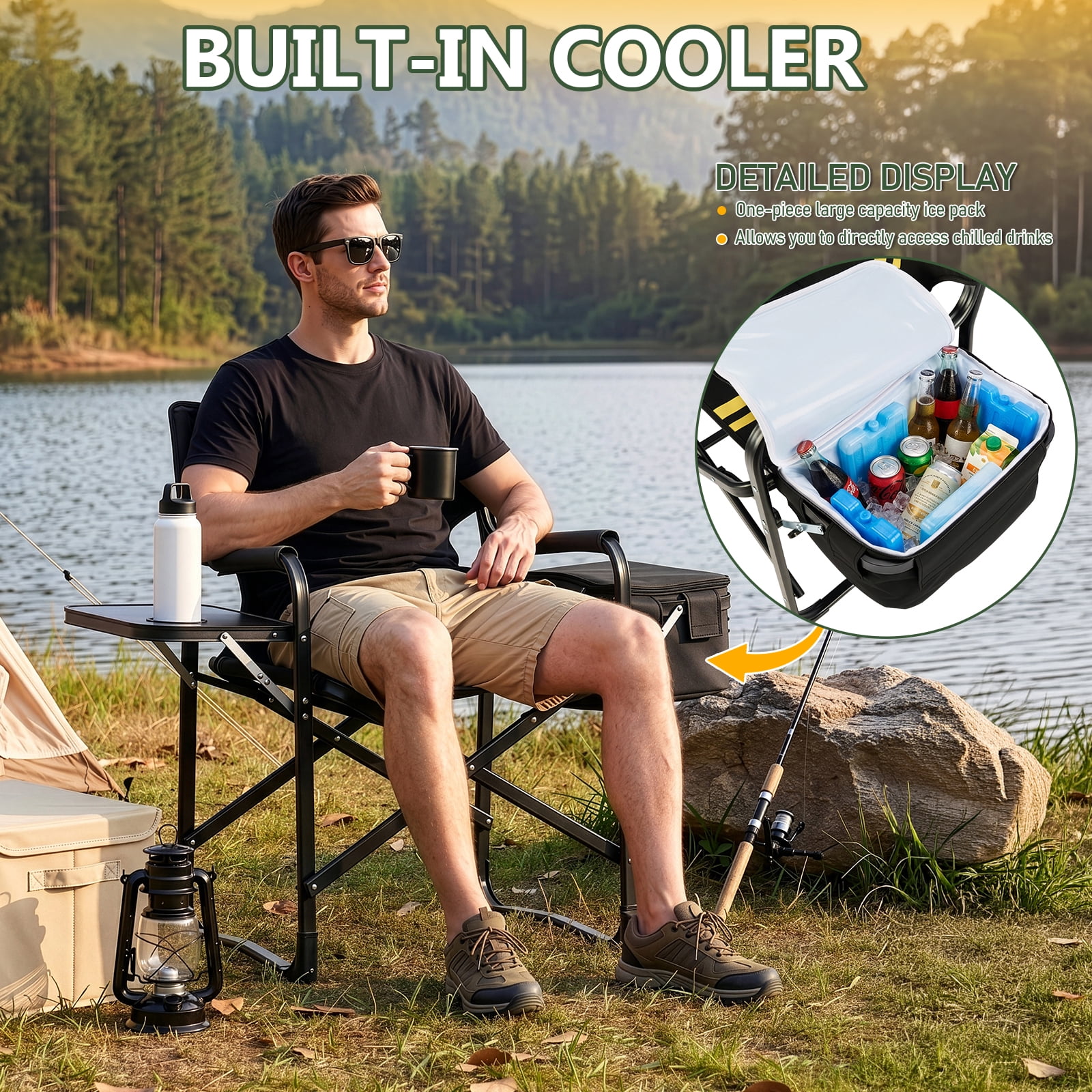 Folding Camping Chair with Side Table & Insulated Cooler Bag, Spray-Coated Aluminum Frame, 265 lbs Capacity Foldable Outdoor Chair for Camping Beach Fishing Picnic, 46.46" x 20.87" x 33.46"