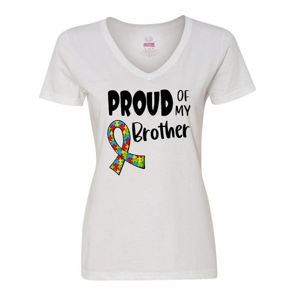 Inktastic Proud of my Brother Autism Awareness Puzzle Piece Ribbon Women's V-Neck T-Shirt